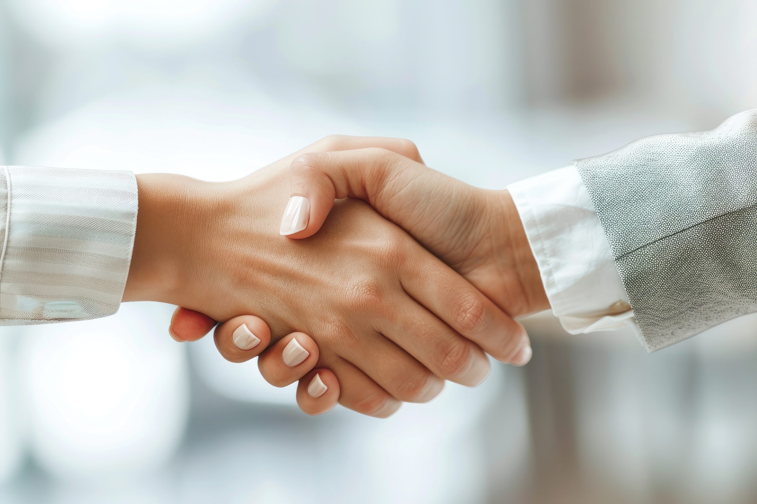 Teamwork and cooperation as woman shakes hands with partner in corporate setting mediation - image of a wooden block with the word mediation on it. this block is the focal point of the image - it is placed on a long wooden table with chairs along both long edges with white papers in front of each chair