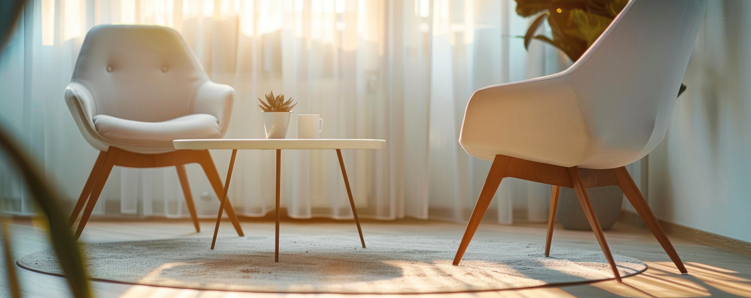 Two chairs in psychotherapy room, modern office, nice interior, pastel calm colors, professional photo, interior photo, sharp focus, blank space for text mediation - image of a wooden block with the word mediation on it. this block is the focal point of the image - it is placed on a long wooden table with chairs along both long edges with white papers in front of each chair