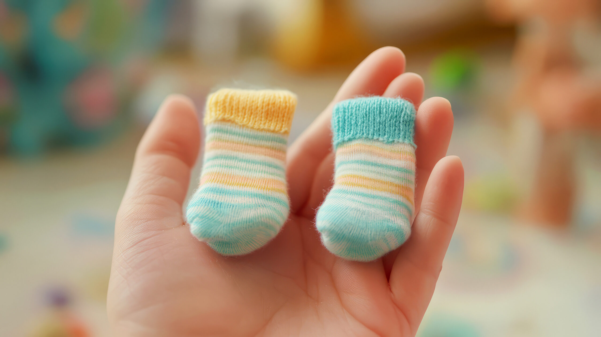 Tiny Baby Socks In A Hand. Perfect For Newborn Photography, Baby Shower Invitations, Or Cute Baby Apparel Designs. pre conception arrangement - baby booties